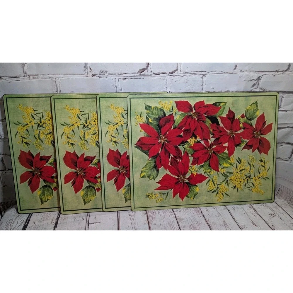 Benson Mills Cork Backed Placemats Set of 4 Christmas Poinsettias Heat Resistant